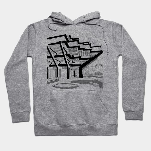 brutalist architecture in landscape pattern sketch Hoodie by jorge_lebeau